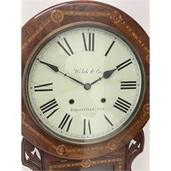 19th century inlaid rosewood drop dial wall clock, circular Roman dial signed 'Welch & Co. Forestville, USA', with pierced and shaped brackets