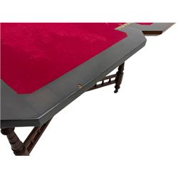 Late Victorian figured walnut and amboyna card-table, rectangular fold over top with baize lining, on turned supports joined by x framed balustrade stretchers