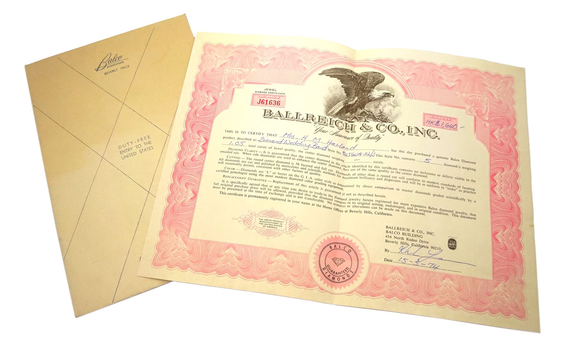 American white gold five stone diamond ring, stamped 14K by Balco Diamonds, Beverly Hills, total diamond weight 1.05 carat, with Ballreich & Co insurance certificate