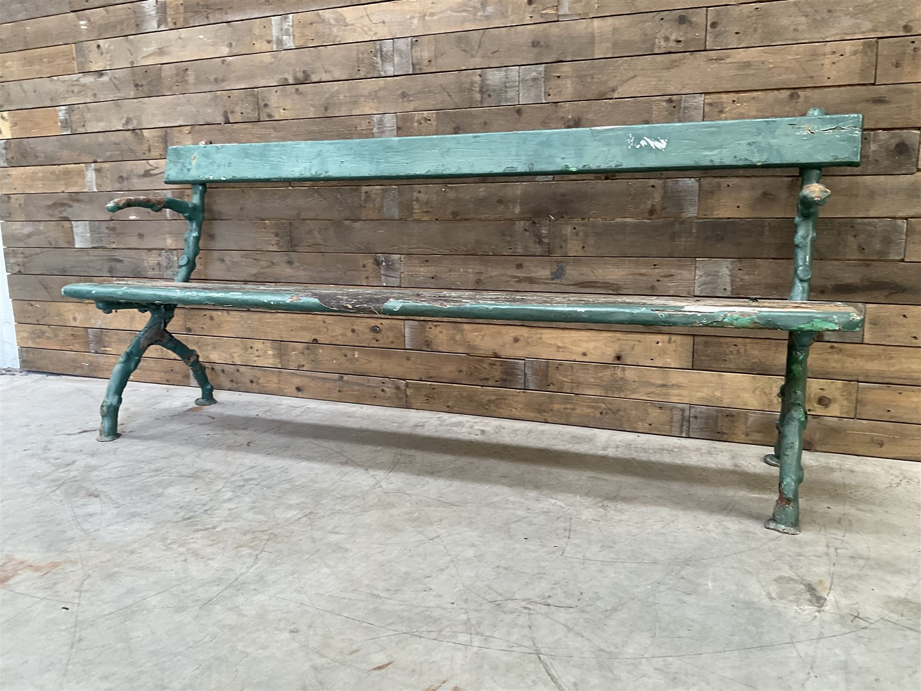 Early 20th century cast iron framed faux bois garden bench, timber seat and back rest