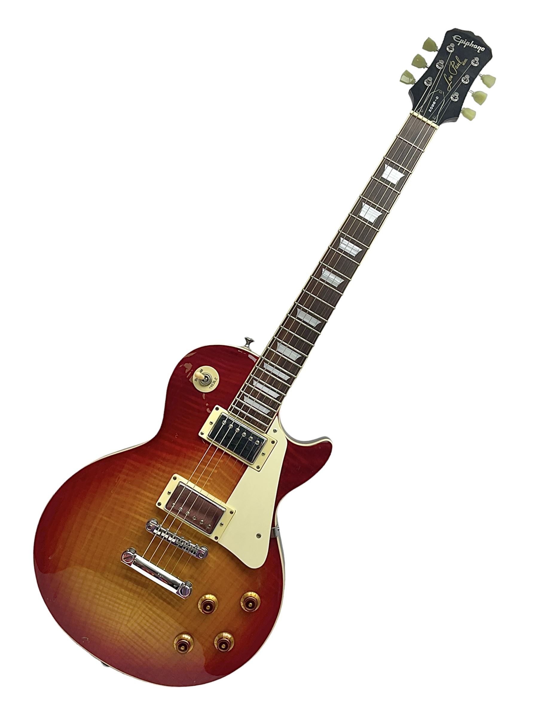 Epiphone Les Paul Gibson electric guitar in two-tone red sunburst finish, serial no.SO1113016, L101cm overall; in hard carrying case