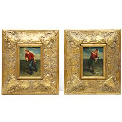 After Anton Maria Mucchi Vignoli (Italian 1871-1945): Two Gentleman Playing Tennis, 20th century oil wood panel indistinctly signed 16cm x 11.5cm (2)