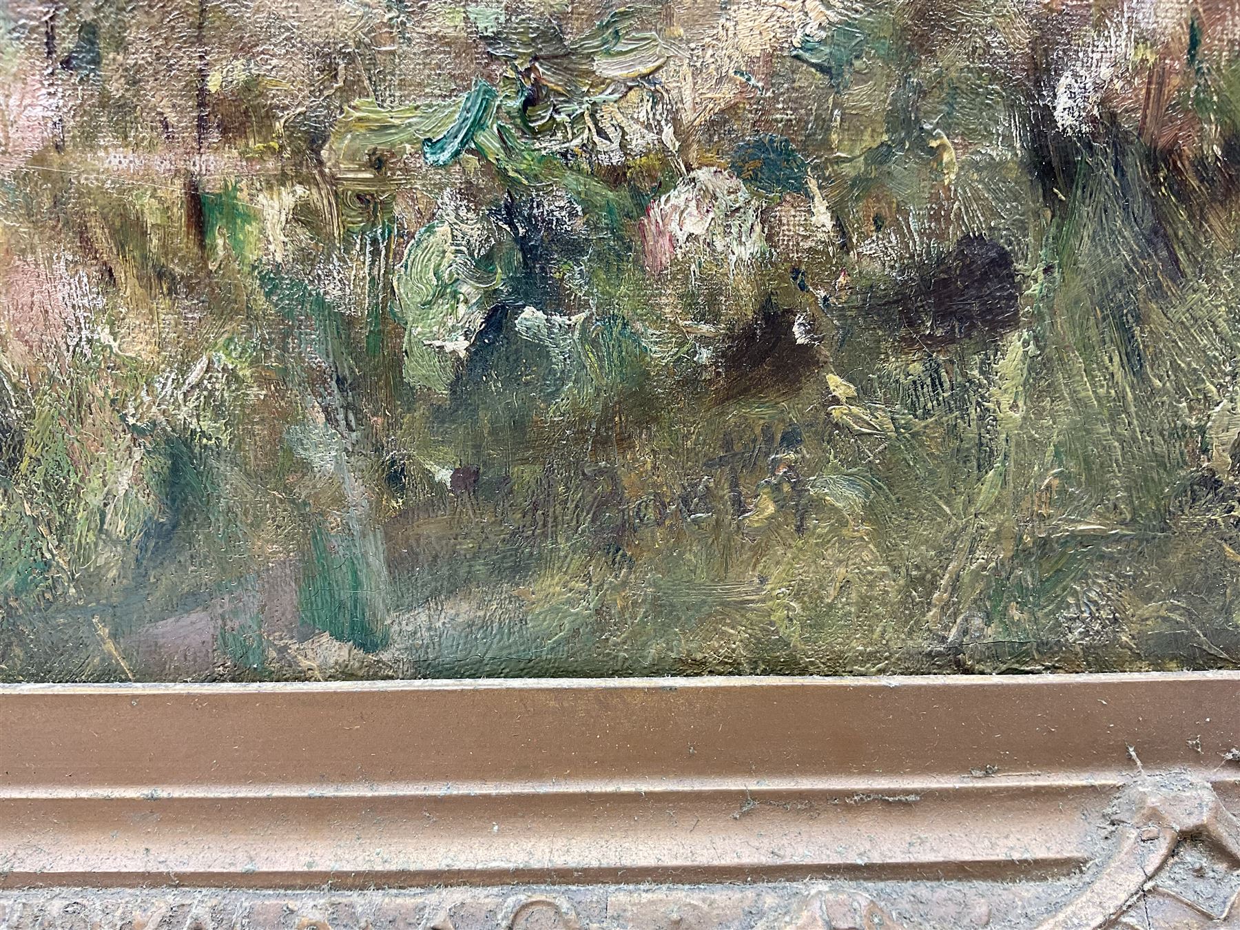 James William Booth (Staithes Group 1867-1953): Ponies and Chickens in the Farmyard, oil on canvas signed 75cm x 94cm