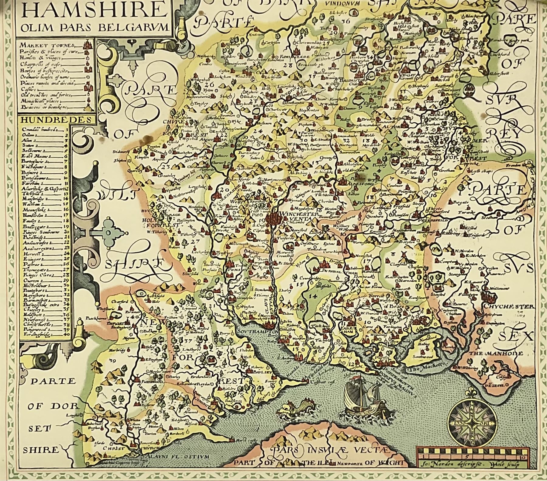 Lépicié after David Teniers the Younger (Flemish 1610-1690): 'Les Francs Maçons Flamands en Loge' engraving pub 1747, 43cm x 53cm; 'Hampshire' and 'Sussex', two William Hole (British -1624) reproduction maps 52cm x 41cm (unframed) (3)
