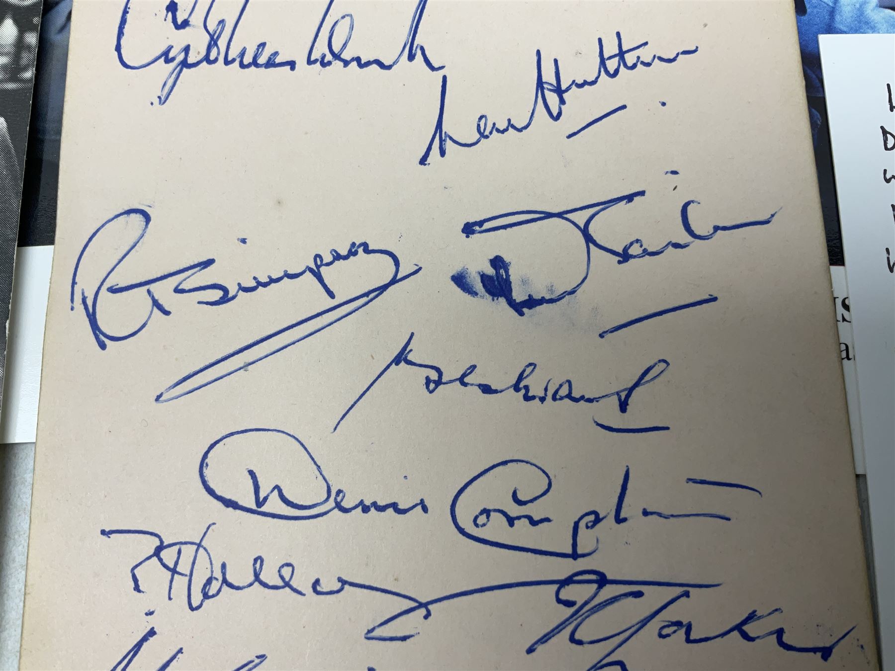 1949 England cricket team signatures including Hutton, Compton, Edrich, Laker etc on loose album page; and large quantity of other autographs of predominantly TV Soap Opera stars from Last of the Summer Wine, Eastenders, Emmerdale, Coronation Street, Heartbeat etc and other TV/Film personalities; on promotional photographs and clipped fragments of paper etc