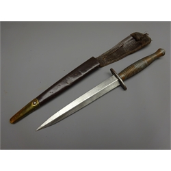  Three 3rd Pattern Commando Knives, 17.5cm twin edged blade, steel cross guard, bronzed ribbed grip stamped Crows foot over 3 and 2 in relief, L29.9cm, another 17.5cm blued blade etched Nowill & Sons, ribbed blacked alloy handle with Cross Keys in relief, L29.5cm, another, 17cm twin edged blade, ribbed alloy handle, L29.5cm, all in leather scabbards (3)  