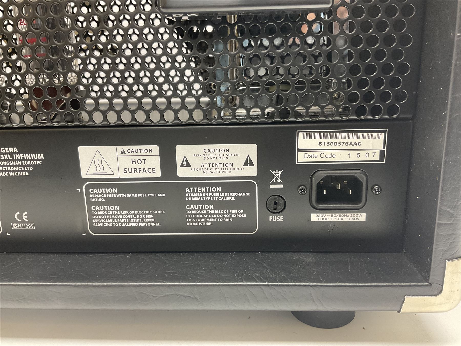 As new Bugera 333XL Infinium Hardcore 120-watt 3-channel tube amplifier head with reverb and Infinium tube life multiplier; date code 1507; number S1500576AAC L69cm; boxed with foot controller, power cable and paperwork