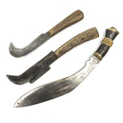 Two late 19th/early 20th century billhooks - one blade marked 'Brumby & Middleton' with Victoria cypher and antler grip L30.5cm, the other blade marked 'The Veteran Yates & Co Birmingham' with Calcutta retailer's mark to the ricasso and split wooden grip L26.5cm; together with an Indian kukri (3)