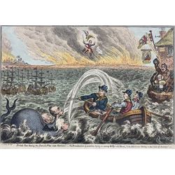 James Gillray (British 1756-1815): 'British Tars Towing the Danish Fleet into Harbour; the Broad-Bottom Leviathan trying Billy's Old Boat, and the Little Corsican tottering on the Clouds of Ambition', early 19th century etching with hand-colour pub. Hannah Humphrey, London, 1st October 1807, 25cm x 35cm with full margins