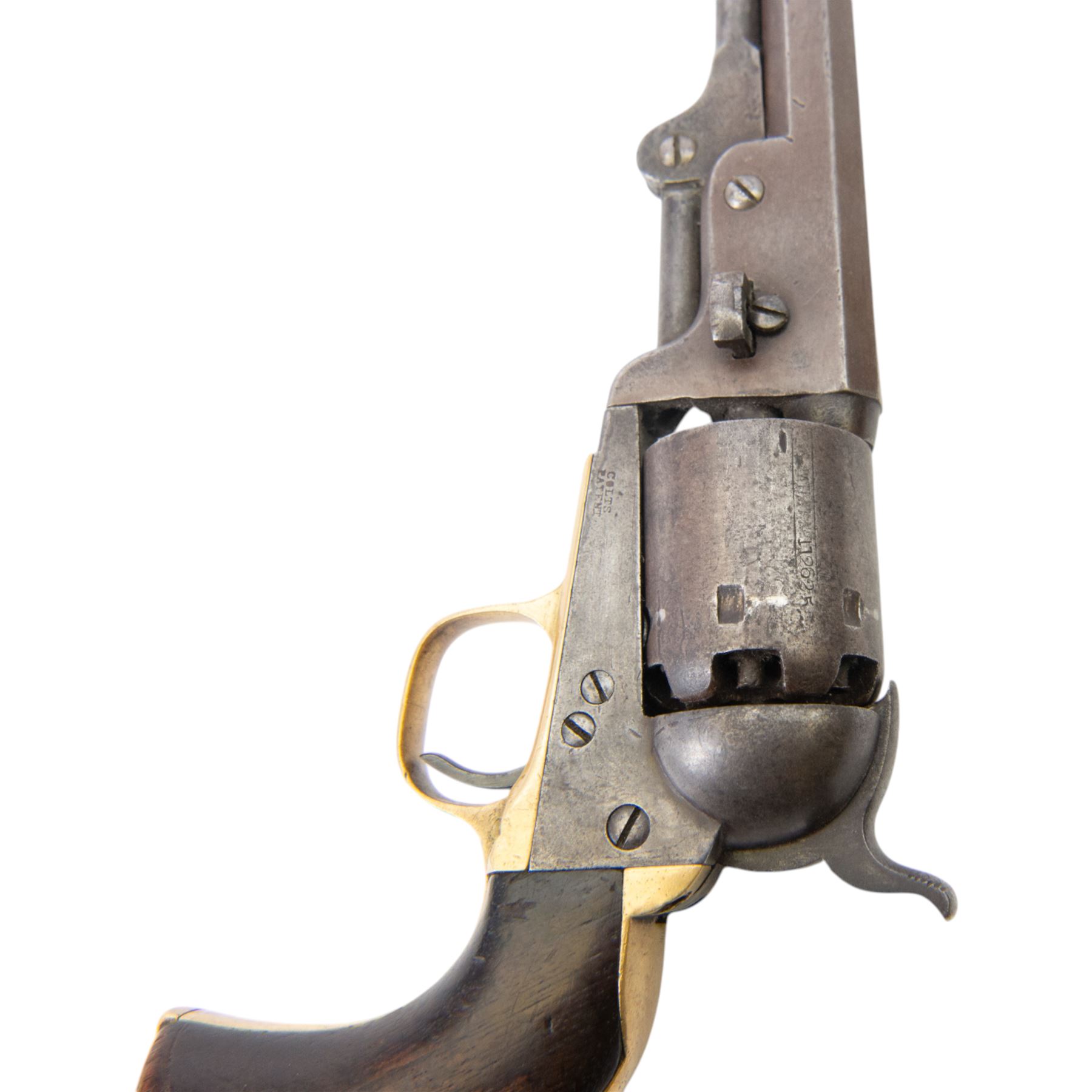Colt .36 navy percussion revolver, with octagonal 7 1/2in. barrel top flat marked Address Col Samd Colt New York US America, frame stamped `Colts Patent' matching serial numbers, 112625, iron frame marked Colts Patent, brass grip-straps and trigger guard, smooth flared walnut grip, overall L33cm