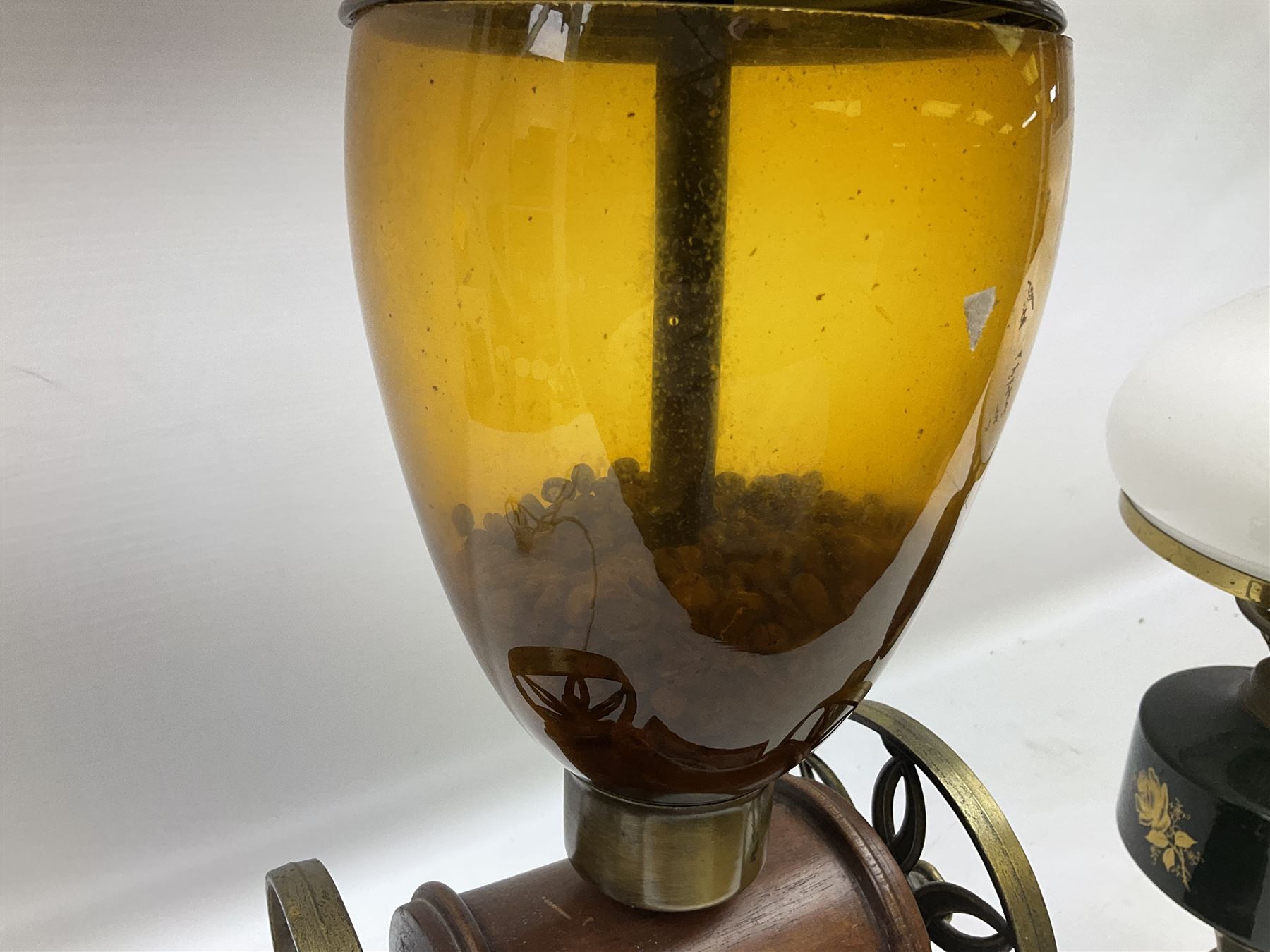 Table lamp and shade in the form of a vintage coffee grinder, together with a converted oil lamp, tallest example H94cm 