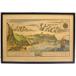 After John Haynes (British fl.1730-1750): 'A South West View of Scarborough', 19th century hand-coloured engraving 26cm x 39cm