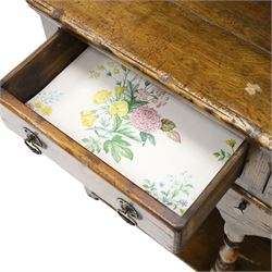 Georgian design oak dresser of small proportions, moulded cornice over open plate rack with two shelves and shaped apron, the base fitted with two drawers over three small drawers, brass drop handles, shaped apron, on square supports united by pot board