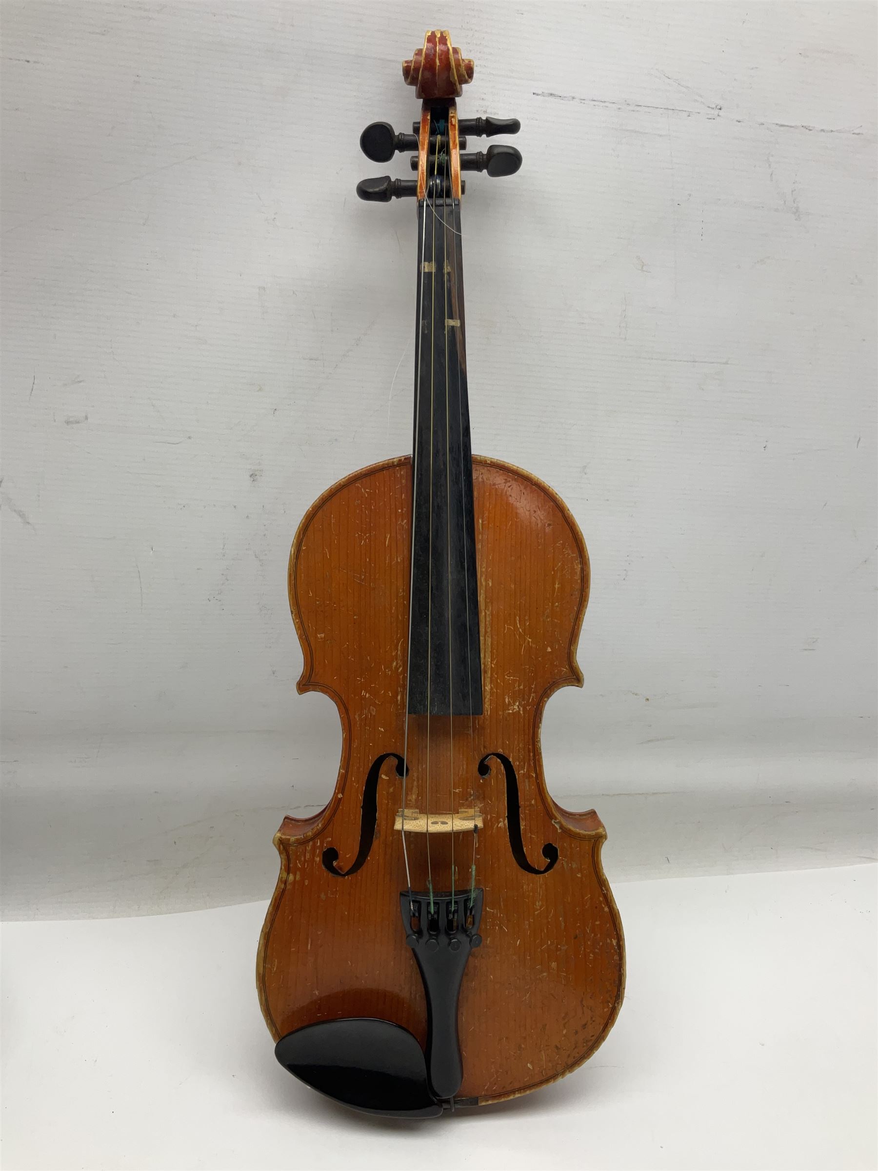 Two three-quarter size violins - German Saxony with 34cm one-piece maple back and ribs and spruce top; L56cm overall; and Hungarian with 34cm two-piece maple back and ribs and spruce top; L56cm overall; each in carrying case with bow (2)