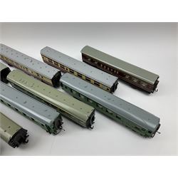Hornby Dublo - thirteen re-painted coaches comprising LMS Buffet Car, GWR Royal Mail Travelling Post Office and two passenger coaches, two 'blood and custard' Super Detail coaches and seven with S.R. green livery; all unboxed (13)