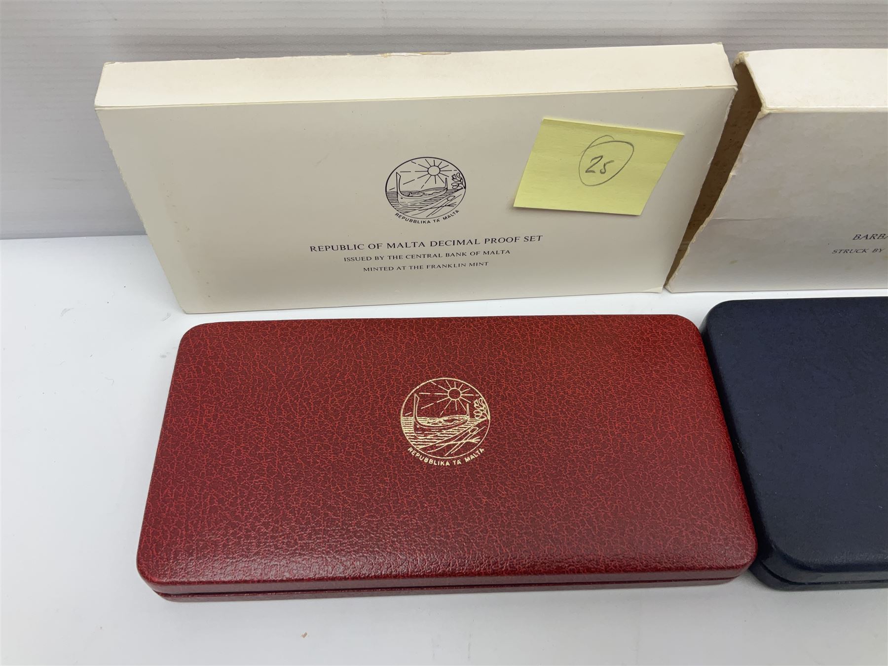 First National Coinage of Barbados 1973 proof eight coin set, from ten dollars to one cent, the ten dollar coin minted in sterling silver, the five dollar coin minted in 800 silver, and a Barbados 1974 proof eight coin set, both minted at The Franklin Mint, cased with certificates; two Republic of Malta decimal proof coin sets, dated 1978 and 1979, the 1979 one pound coin minted in sterling silver, both minted at The Franklin Mint, cased with certificates; Cayman Islands 1973 proof eight coin set, minted at the Royal Canadian Mint, cased; and a Cayman Islands 1979 proof eight coin set, the five dollar to fifty cents coins each minted in sterling silver, minted at the Franklin Mint, cased with certificate (6)