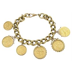 9ct gold curb link bracelet, with three loose mounted gold full sovereigns dated 1890, 1893 and 1903, soldered gold full sovereign dated 1912 and two loose mounted gold half sovereigns dated 1906 and 1908