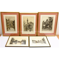 William Tatton Winter RBA (British 1855-1928): 'Sudbury Watch Tower Canterbury' and three other town views, four etchings signed in pencil two with blind stamps approx 28cm x 31cm & 38cm x 23cm and another etching of Glasgow University and Tower, signed in pencil (5)
