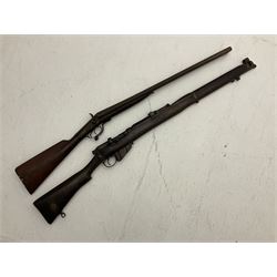 WW1 Lee Enfield SMLE .303 bolt action rifle with 63.5cm barrel and magazine; No.20934; L112cm overall; home deactivated by welding down bolt and end of barrel so requires re-deactivation to modern standards; and 19th century 12-bore double barrel hammer shotgun with 65cm cut-down barrels, non-rebounding hammers and under-lever opening, the lock-plate indistinctly inscribed G.T. Bartrant(?) L75cm overall; home deactivated by welding both barrels closed at breech so requires re-deactivation to modern standards (2) RFD ONLY 