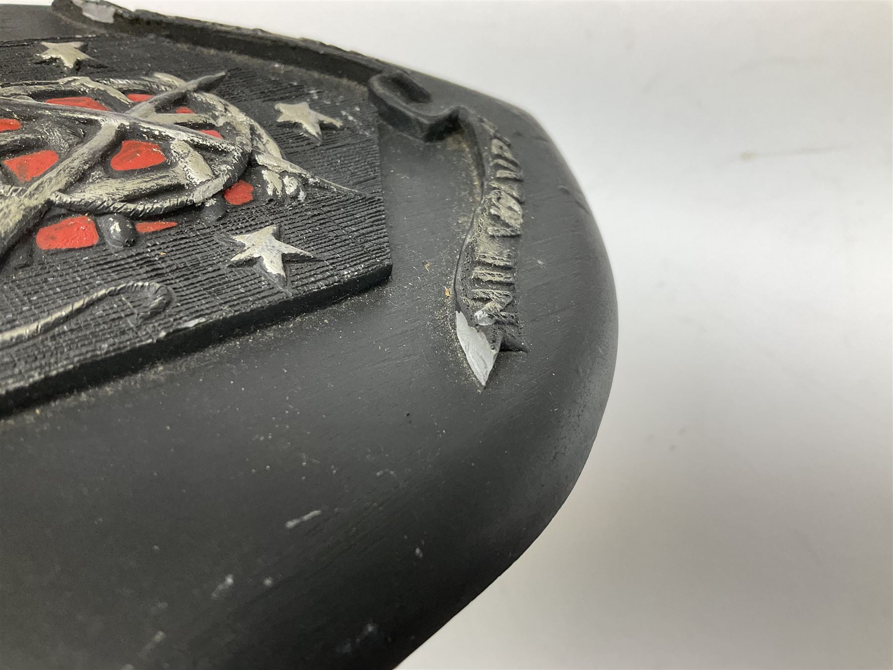 Terry Pratchett Discworld plaques, designed by Clarecraft, comprising 'the First Discworld Event Clarecraft August 95', the collectors guild joining shield, the fools guild DW99C, the seamstresses guild DW98C, the musicians guild DW00C together with 'Door of the mended drum' wall hanging DW17. 