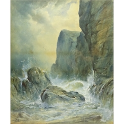  Albert Ernest Markes (British 1865-1901): Waves breaking at the Cliff Foot, watercolour signed 62cm x 52cm  