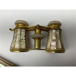 Pair of Victorian mother of pearl and gilt brass opera glasses, with detachable handle, marked W Gregory & Co 51 Strand London