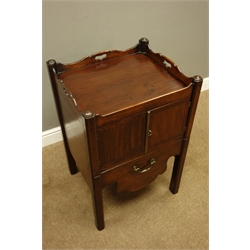  George III mahogany night cabinet, tray top above two crossbanded doors and pull out shallow drawer, on square supports, W53cm, H78cm, D46cm  