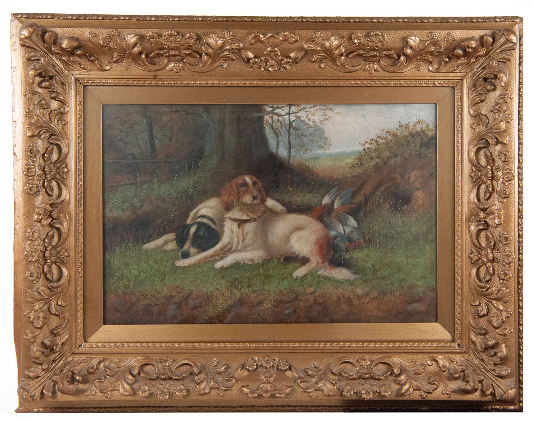Armstrong (British 19th/20th Century): Two Gun Dogs Waiting, oil on canvas indistinctly signed, in carved gilt frame 39cm x 59cm 