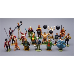  Eighteen predominantly modern die-cast circus figures including clowns, ring masters, stilt walker, strongmen, acrobat, performing bear etc, one marked 'Crescent', the rest unmarked  