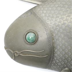 Chinese pewter covered tureen, in the form of a fish, with green hardstone eye, with engraved scale decoration, D55cm 
