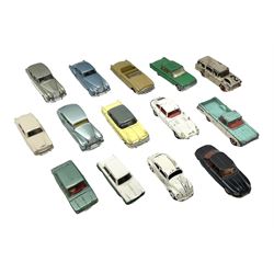 Dinky - thirteen unboxed and playworn/repainted early die-cast cars including Packard No.132, Austin A105 No.176, Rolls-Royce Silver Wraith No.150, Triumph Herald, Hillman Imp No.138, Rolls-Royce Phantom V No.198, Jaguar 'E' Type 2+2 No.131, Chevrolet El Camino No.449, French Panhard 24 No.524, Hudson Hornet No.174 etc; and Matchbox Dinky 1955 Bentley 'R' Type Continental (14)