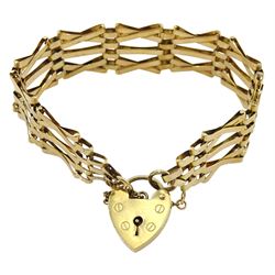 9ct gold six bar gate bracelet, with heart locket clasp, hallmarked