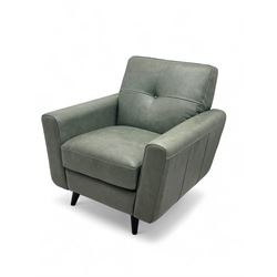DFS - contemporary 'Camper' two seat sofa, upholstered in French grey leather with button back detailing, on splayed supports (W144cm, D84cm, H76cm); matching armchair (W90cm, D84cm, H76cm)