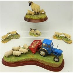  Border Fine Arts group of tractor feeding sheep, 'Spring Supplement', 33cm and four other Border Fine Arts groups of sheep and lambs (5)  