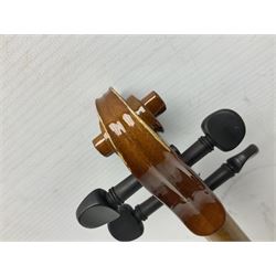 Three Stentor Student violins - three-quarter size with 33cm two-piece back; and two quarter size each with 28cm two-piece back; each in carrying case with bow (3)