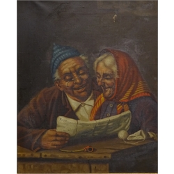  Italian School (early 20th century): Couple Reading the Newspaper and Laughing Man, two oils on canvas one indistinctly signed 28cm x 23cm and 24cm x 19cm (2)   