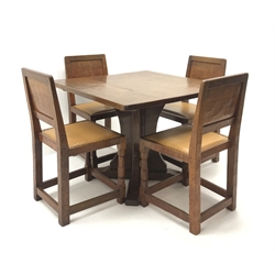  Mouseman square oak dining table on shaped cruciform  style base (W90cm, H71cm, D92cm) and four panelled back chairs, upholstered tan leather seat with stud detailing (W44cm) by Robert Thompson of Kilburn  