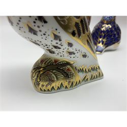 Three Royal Crown Derby paperweights, comprising Owl, Song Thrush and Robin, all with gold stoppers and printed marks beneath, H12cm