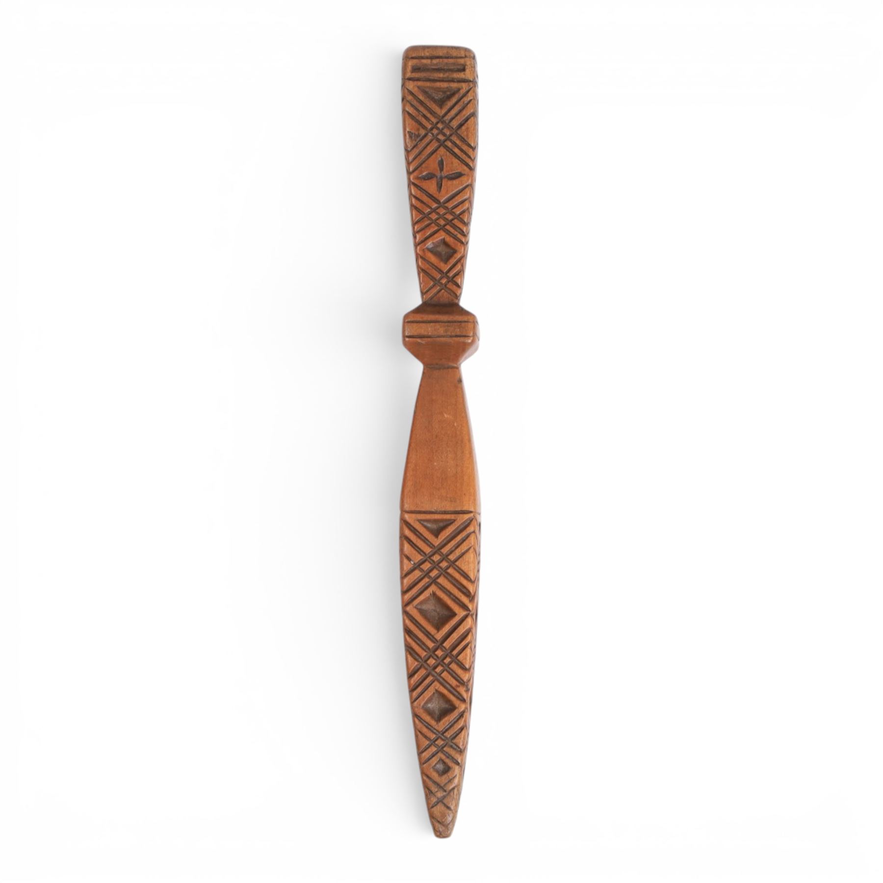 19th Century fruitwood goose-wing knitting sheath, decorated with geometric patterns, with a inset bone bust initialled A.B, together with a carved peg knitting stick, sheath L26cm