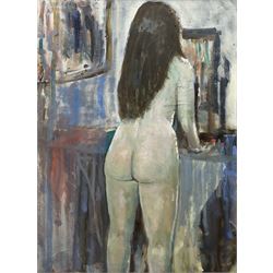 Malcolm Ludvigsen (British 1946-): 'Sarah' - Full Length Female Nude, oil on canvas signed with initials and titled verso 79cm x 59cm