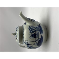 18th Century Worcester teapot, circa 1765-70, decorated in the Bird in the ring pattern, the cover with bud finial, with crescent mark beneath, H13cm, together with a Worcester coffee cup decorated in the same pattern, with crescent mark beneath, H6.5cm