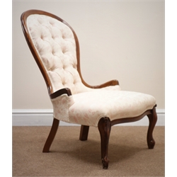  Victorian style walnut framed nursing chair, upholstered in deep buttoned cream ground fabric with floral detailing, cabriole legs, W56cm  