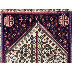 Persian Abadeh indigo ground runner rug, ivory field with pole medallion surrounded by plant and bird motifs and contrasting spandrels, border with interlaced flowerheads