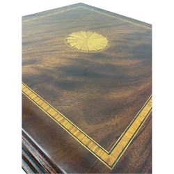 20th century mahogany revolving bookcase, inlaid centre motif, satinwood banded border