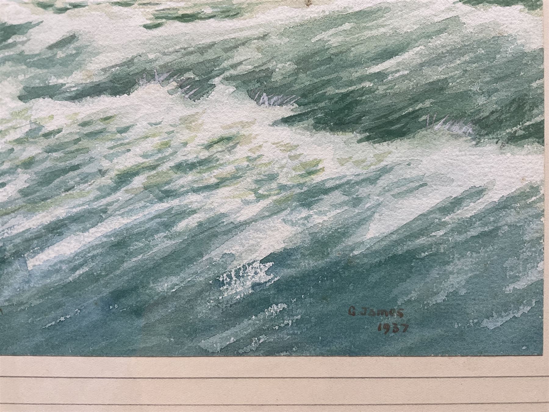 G James (British 20th Century): Warship at Sea, watercolour signed and dated 1937, 26cm x 38cm 