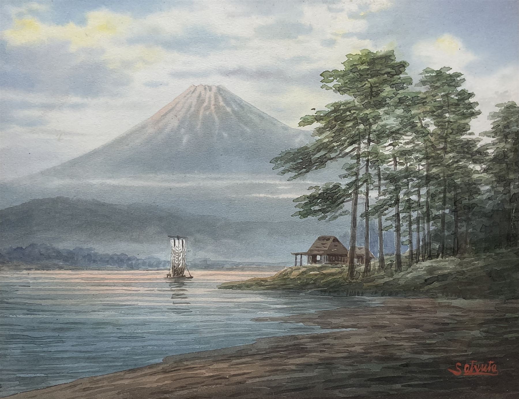 Emiko Satsuta (Japanese early 20th century): Boat beneath Mount Fuji, watercolour signed 22cm x 29cm