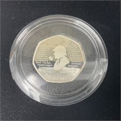 Three The Royal Mint United Kingdom silver proof piedfort fifty pence coins, comprising 2017 'Sir Isaac Newton', 2019 'A Celebration of Sherlock Holmes' and 'Celebrating the Life of Stephen Hawking', all cased with certificates 