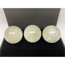 Set of three clear calcite spheres, D8cm