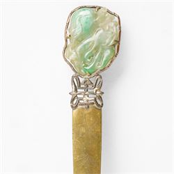 Chinese 18th/ 19th century jade pendant, carved as a peach on a branch, later mounted as a brass paper knife, with bamboo engraved decoration, H20cm