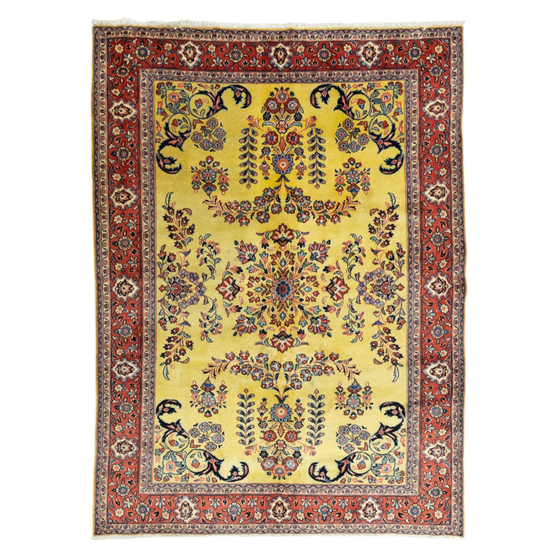 Persian Sarough hand-knotted carpet, golden yellow ground, with an all-over floral design centred by a small floral motif, the field decorated with mirrored flowering sprays, scrolling vines and dark navy foliate corner motifs, enclosed by a terracotta border with repeating flowerheads and palmettes, flanked by narrow guard stripes, with cotton fringes